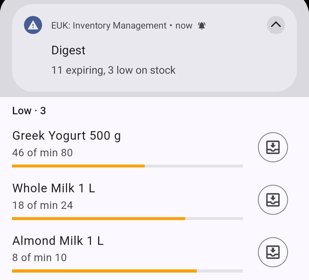 The digest push, 11 expiring and 3 low on stock, above the phone's list of the three products