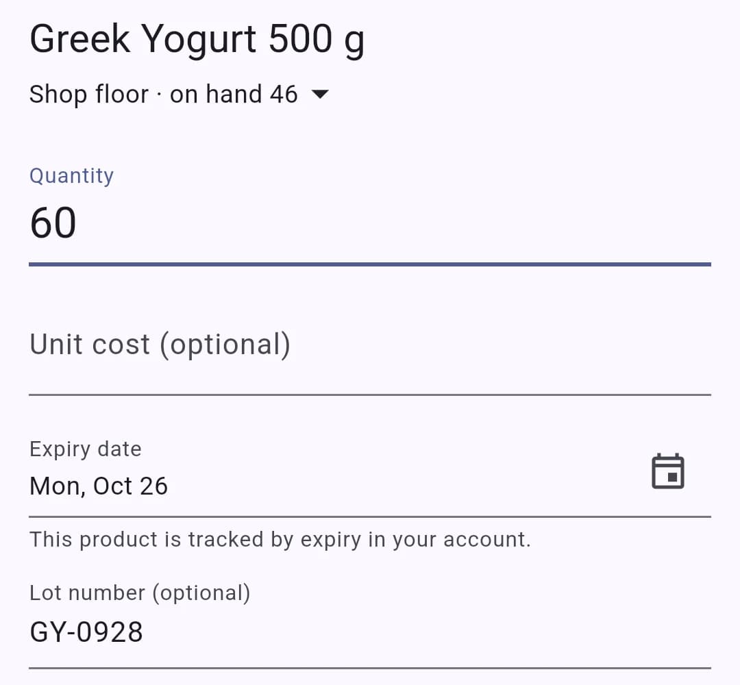 Receive on the phone: quantity 60, the expiry date and lot GY-0928 filled in from the label