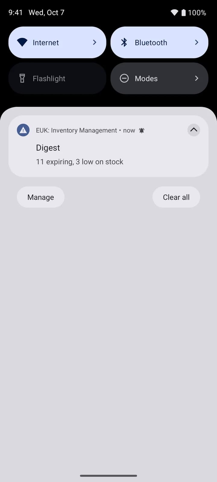 The digest push: 11 lots expiring, 3 products low on stock