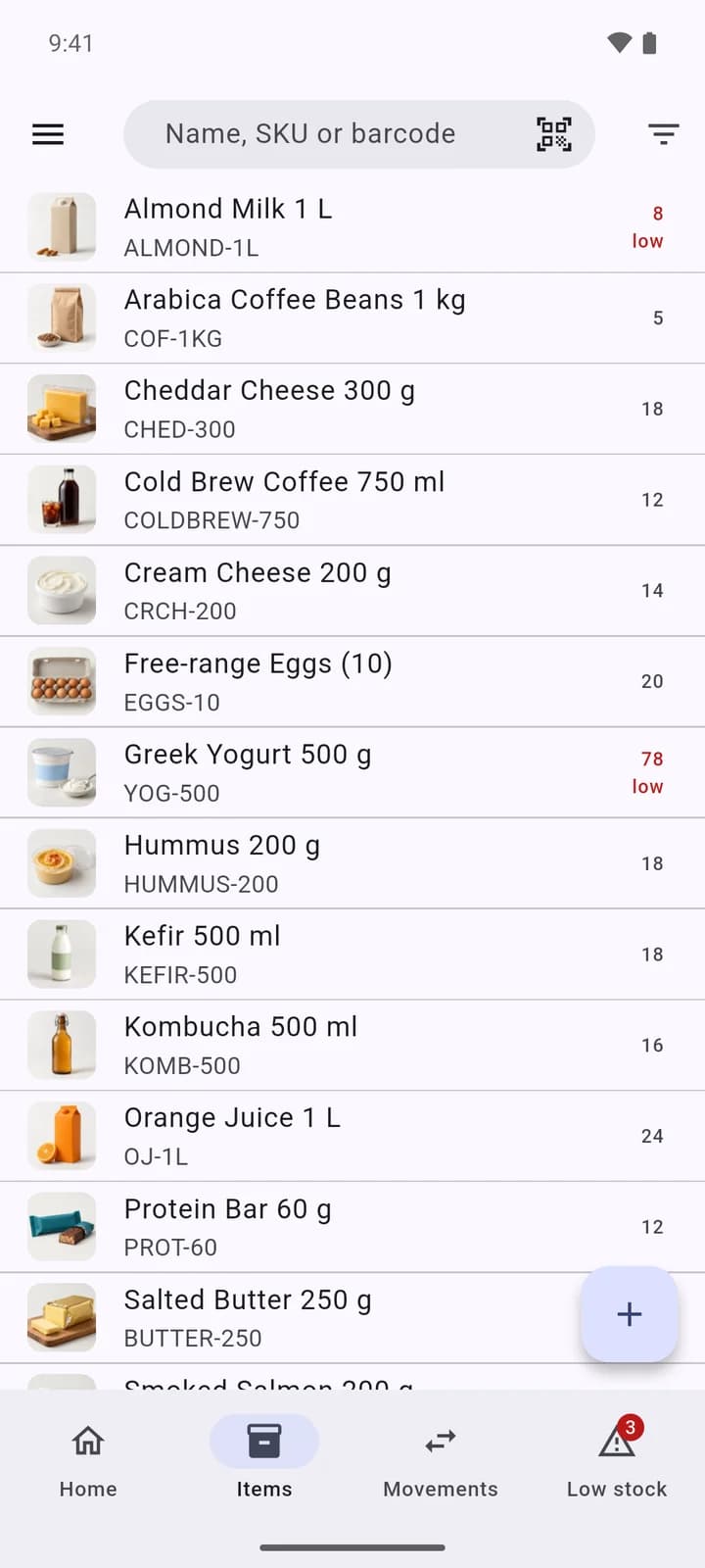 The phone app's item list with photos, on-hand quantities and low-stock marks