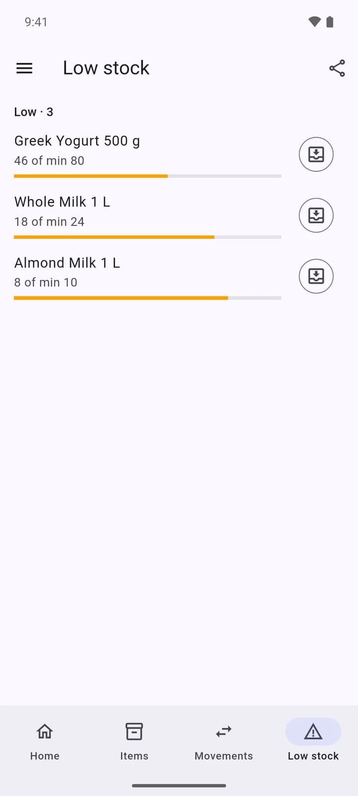 Low stock on the phone: Greek Yogurt, Whole Milk and Almond Milk below their minimum