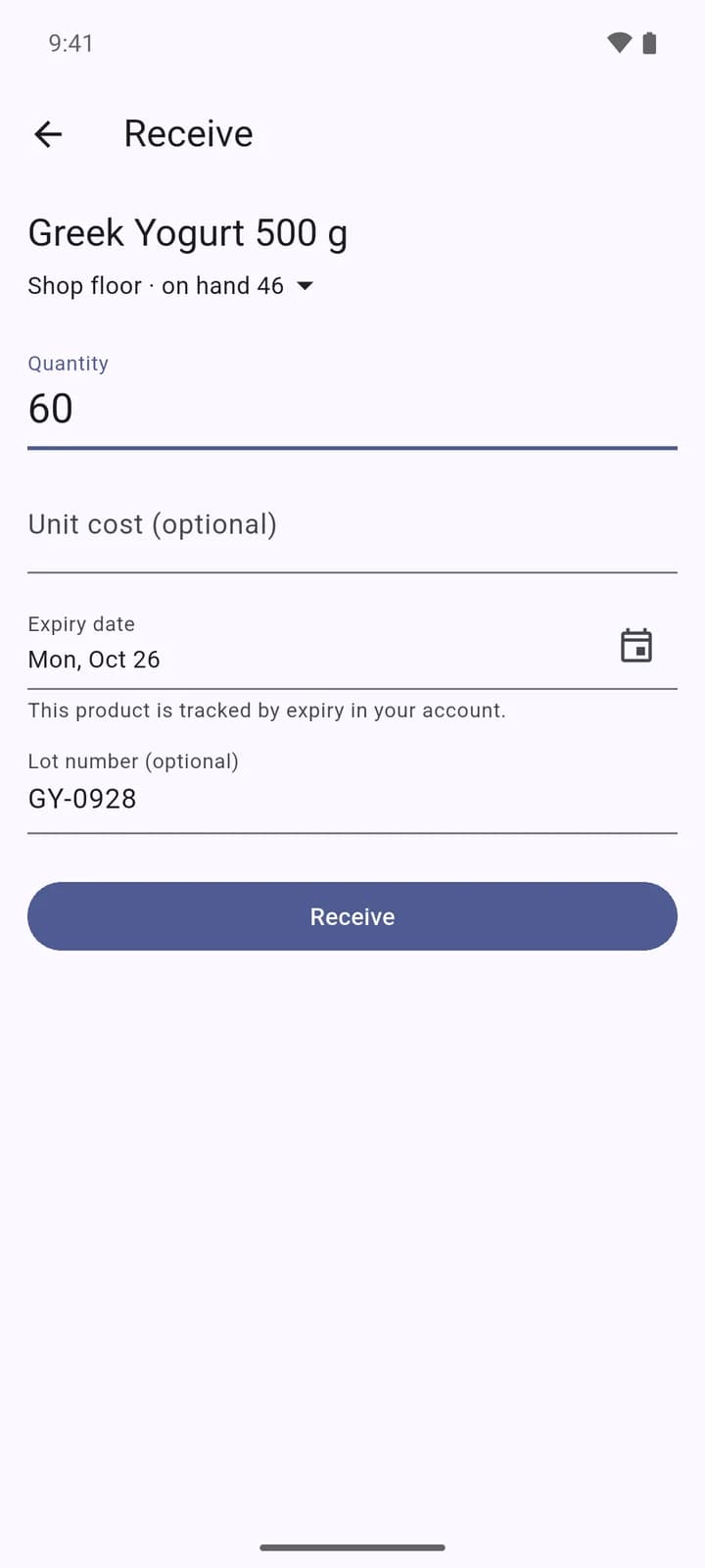 Receive on the phone: Greek Yogurt, quantity 60, lot GY-0928 and its expiry date filled in