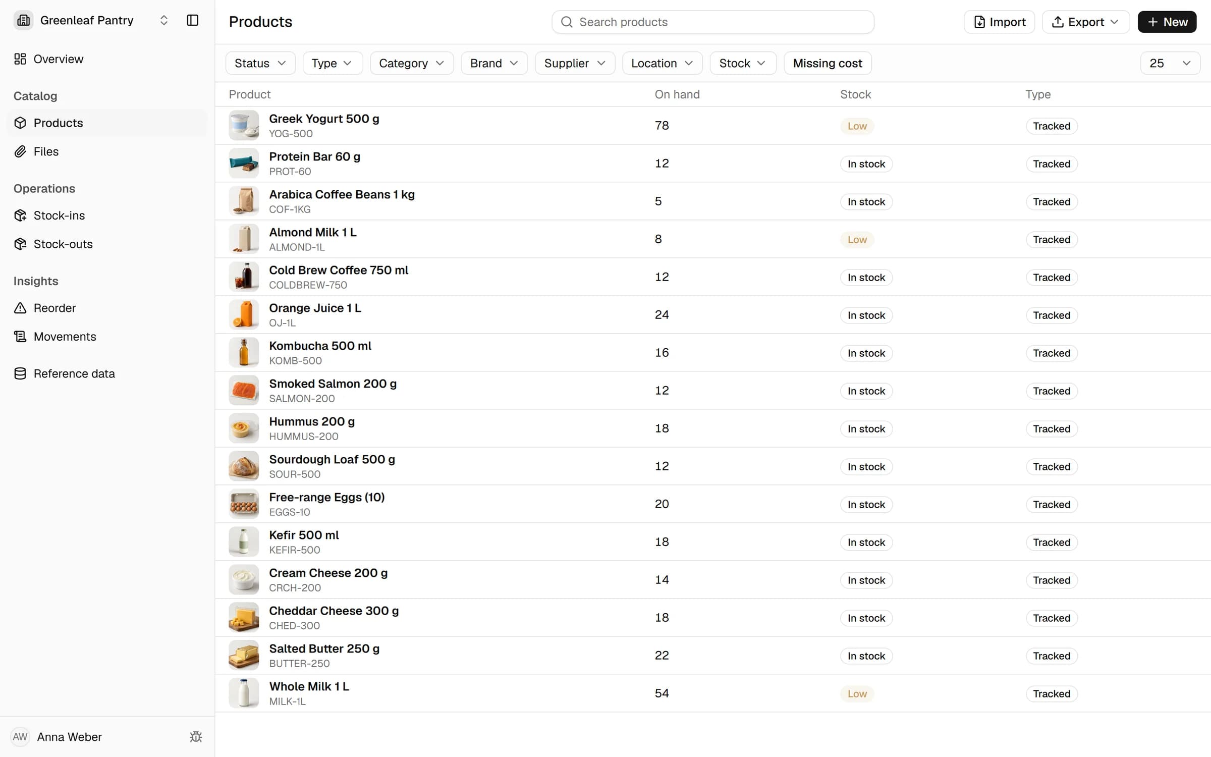 The product list with both switches off: a menu of products, stock-ins, stock-outs, reorder, files and movements
