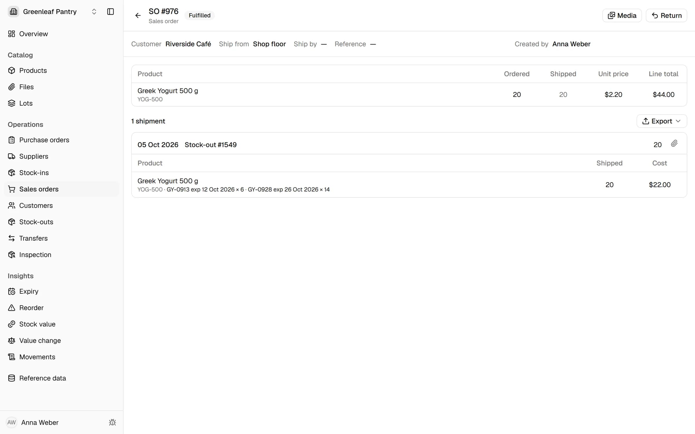 A sales order for 20 yogurts and its shipment, which lists the two lots it took