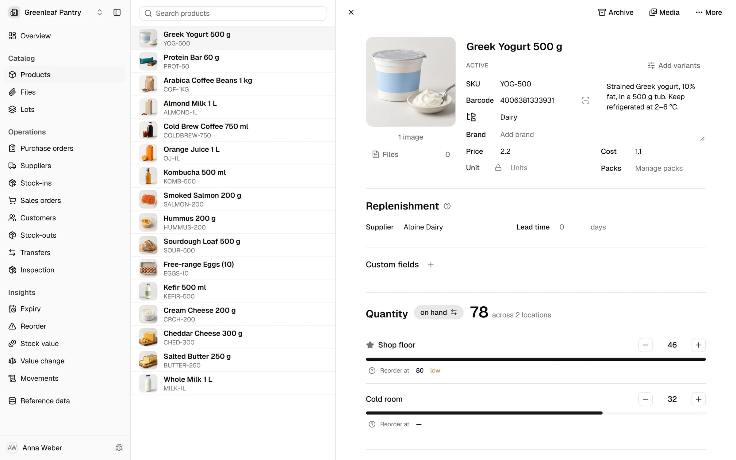 The yogurt's product card: 78 on hand, 46 on the shop floor below its reorder point and 32 in the cold room